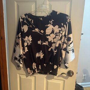 White House Black Market Black and Cream Floral V-Neck Women's Top